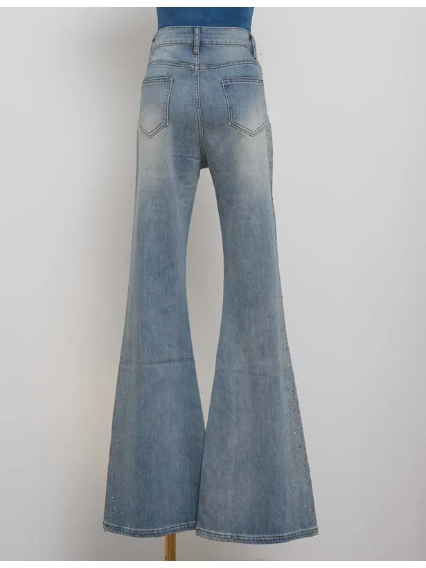 Rhinestone Stud Button Fly Flared Leg Denim Pants