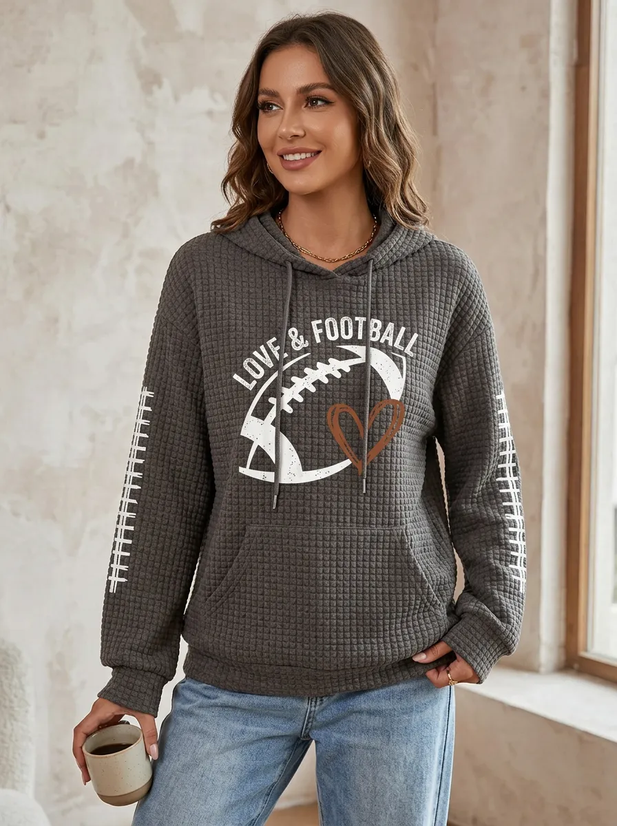 Women's Love & Football Heart Graphic Printed Waffle Knit Hoodie