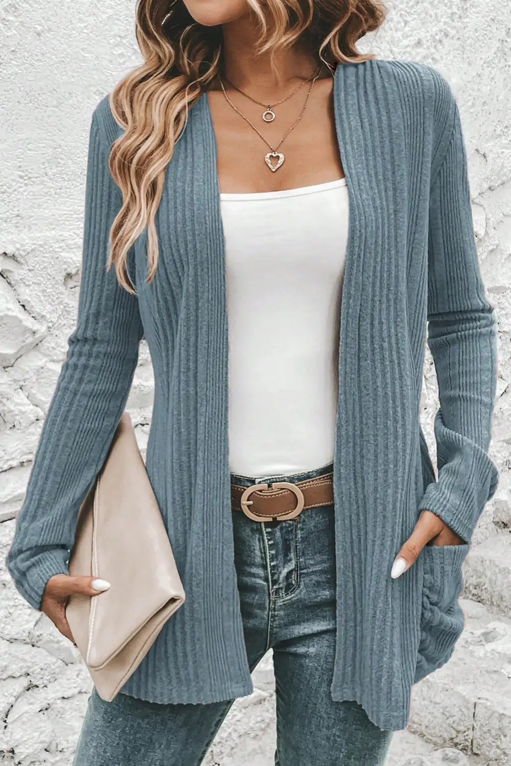 Ribbed Open Front Knit Top Pocketed Knit Cardigan