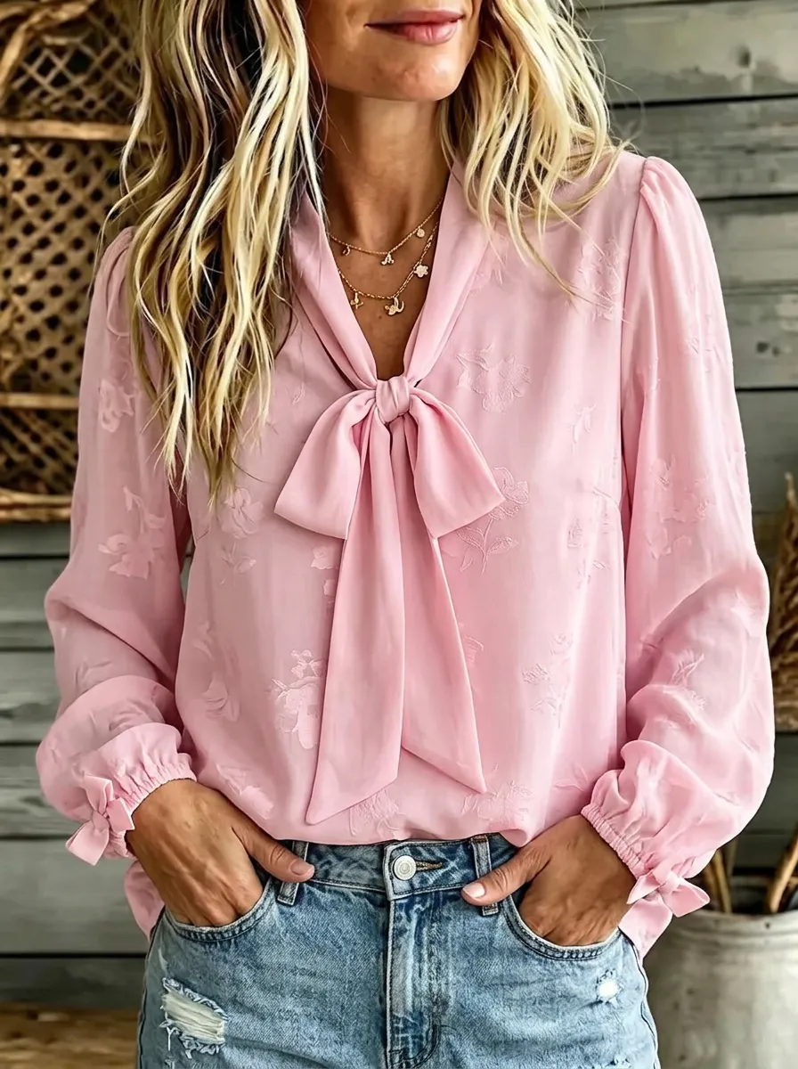 Women's V-neck Tie-neck Long Sleeve Blouse