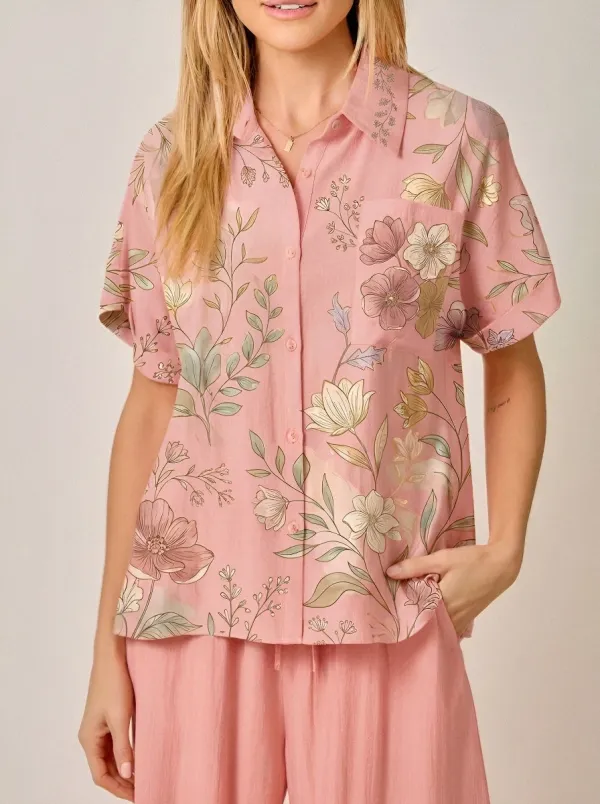 Women's Peach Floral Botanical Printed Button Down Shirt