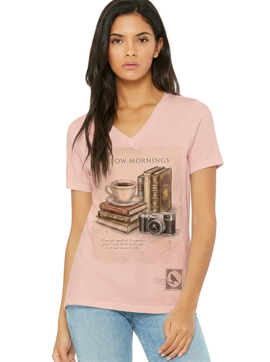 Women's Book Lover Slow Mornings Coffee Camera Printed V-neck T-shirt
