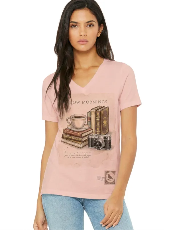 Women's Book Lover Slow Mornings Coffee Camera Printed V-neck T-shirt