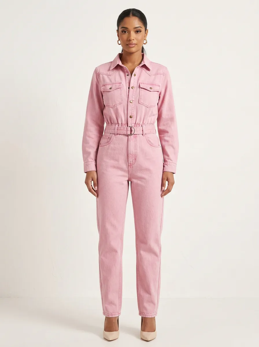Pink Modern Long-Sleeve Belted Denim Jumpsuit
