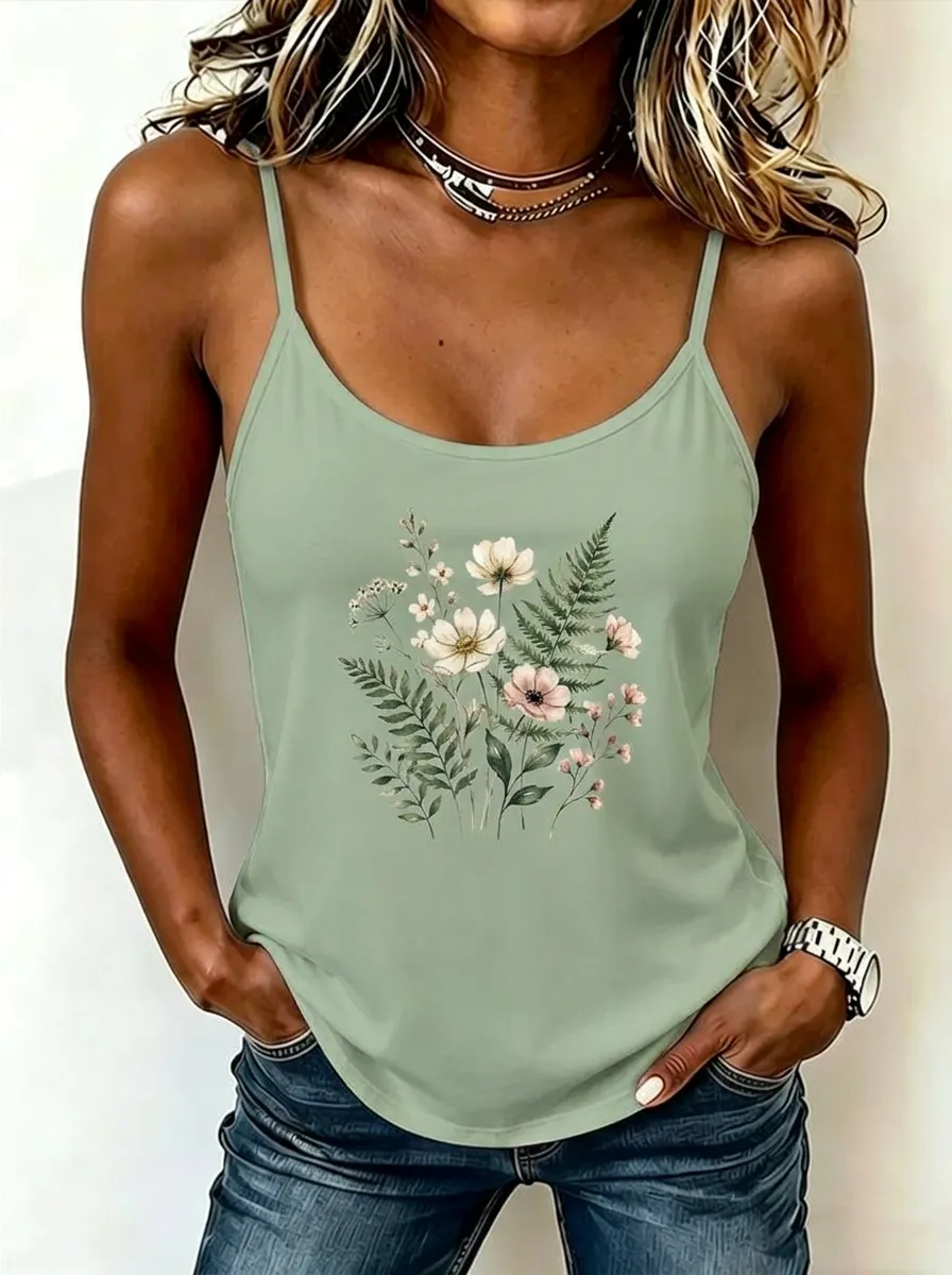 Women's Botanical Nature Lover Wildflower Fern Printed Tank Top
