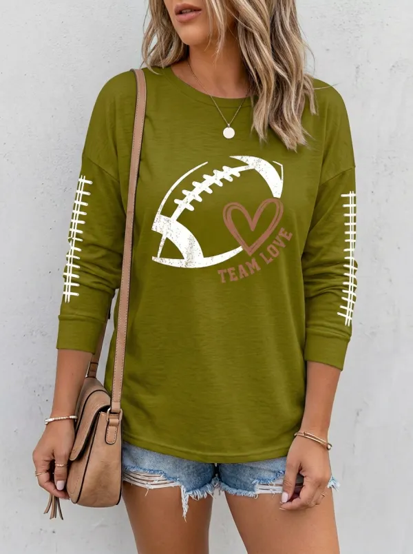 Women's Sport Inspired Gridiron Heart Ball Love Crewneck Long Sleeve T-Shirt