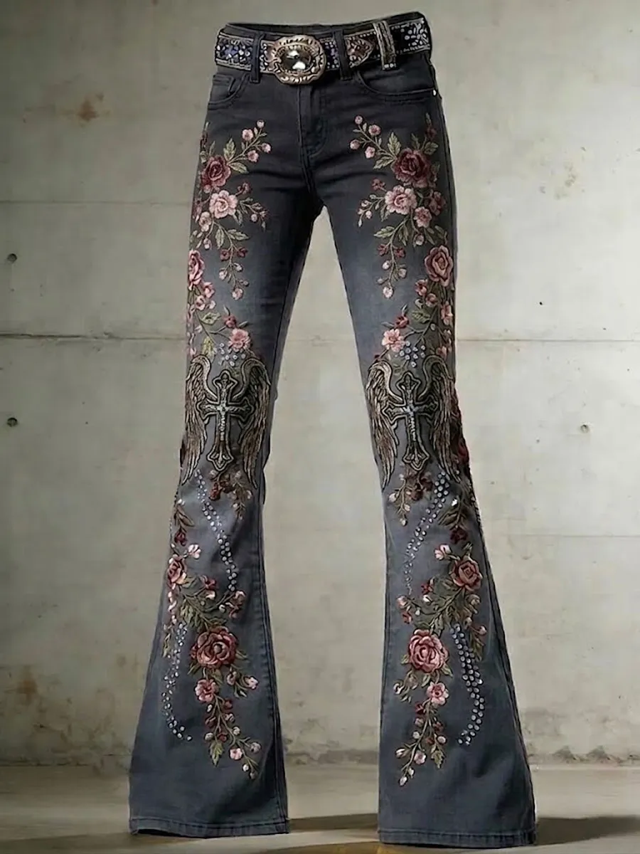 Ladies' Casual Trumpet Pants With Floral Wings And Cross Pattern