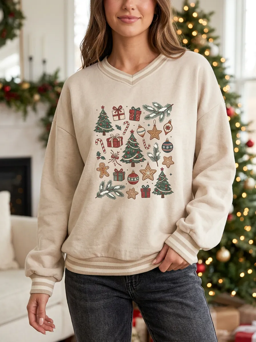 Christmas Holiday Tree Gift Gingerbread Print Sweatshirt