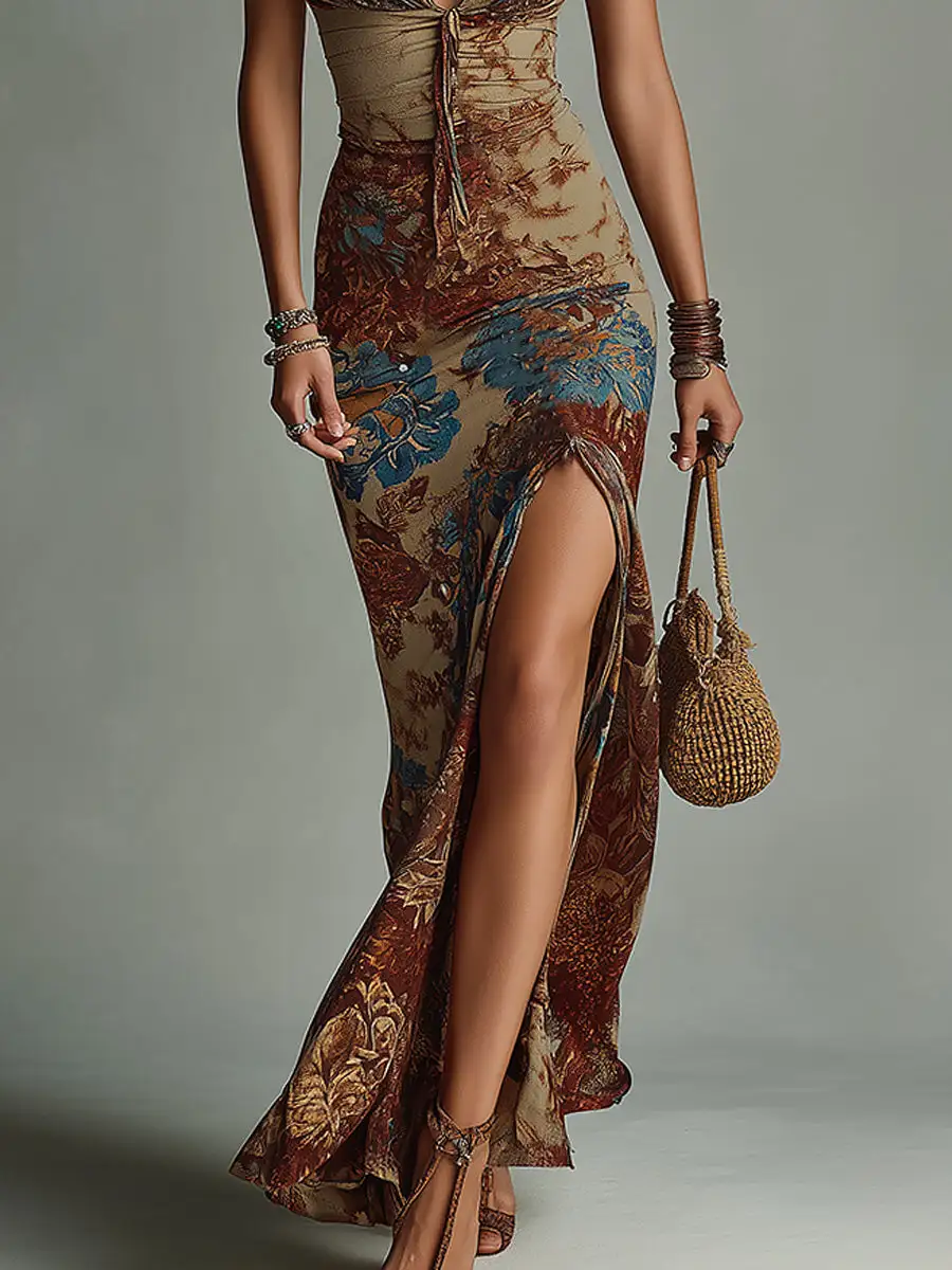 Retro Ethnic-Print Sleeveless Slit Hem Maxi Dress