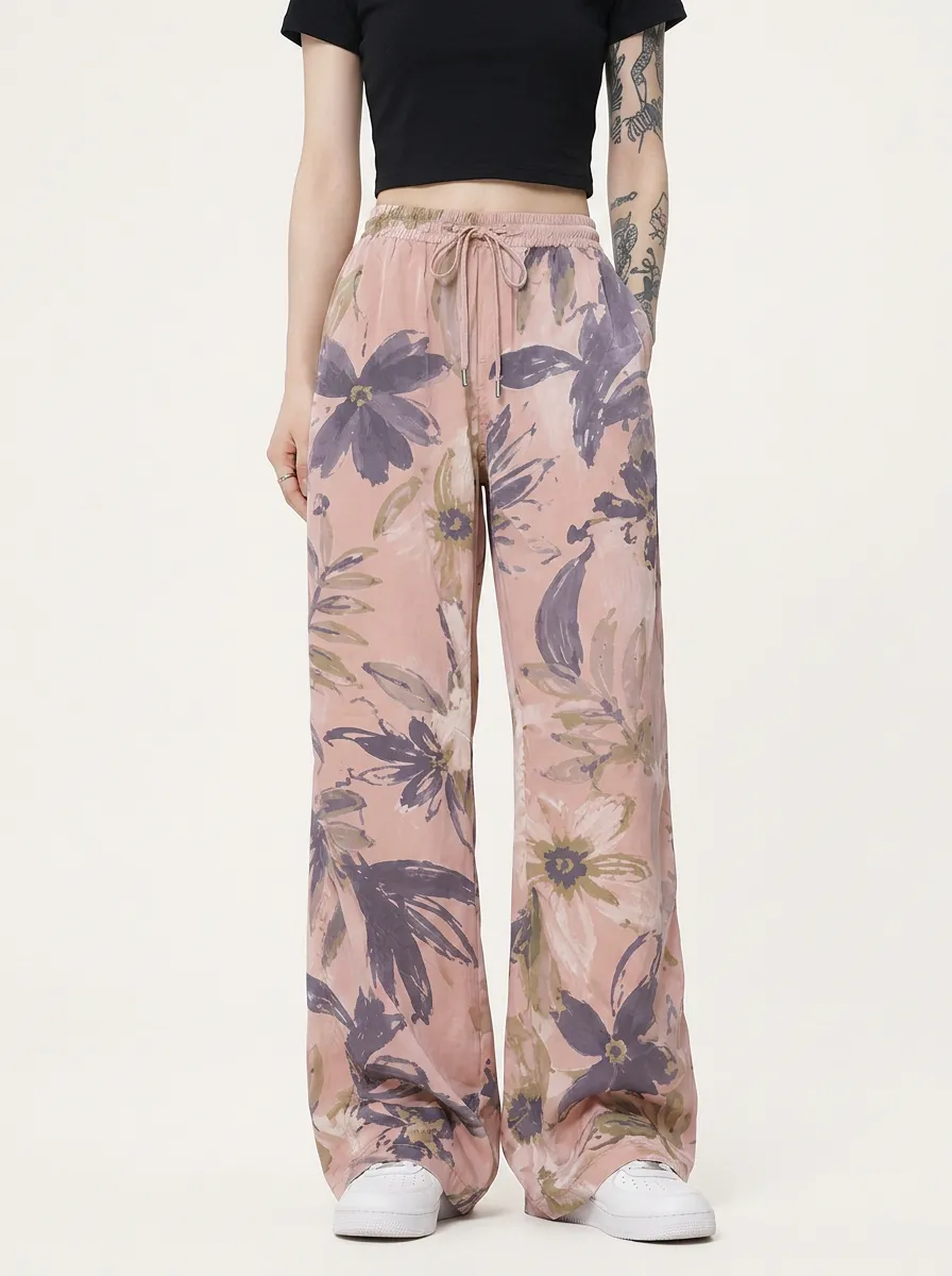 Women's Boho Style Pink Floral Watercolor Printed Wide Leg Pants