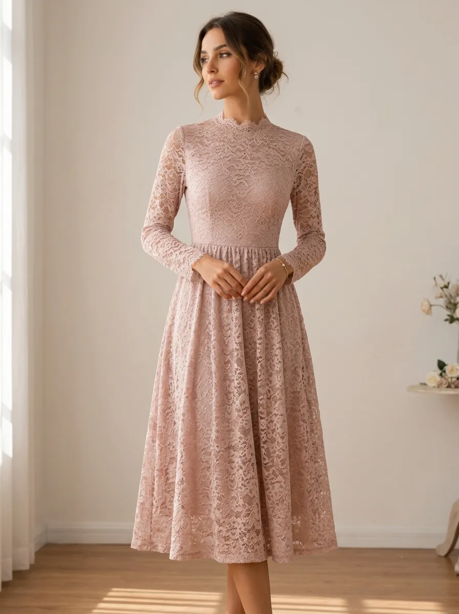 Women's Elegant Wedding Guest Blush Pink Floral Lace Printed Dress