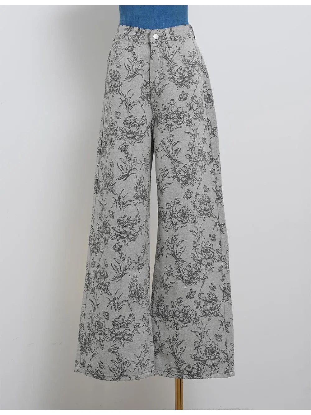 Vintage Jacquard Jean Button Waist Wide Leg Denim Pants