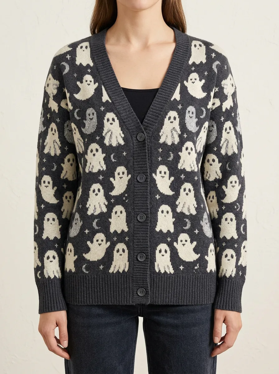 Women's Halloween Ghost Pattern Knitted Cardigan
