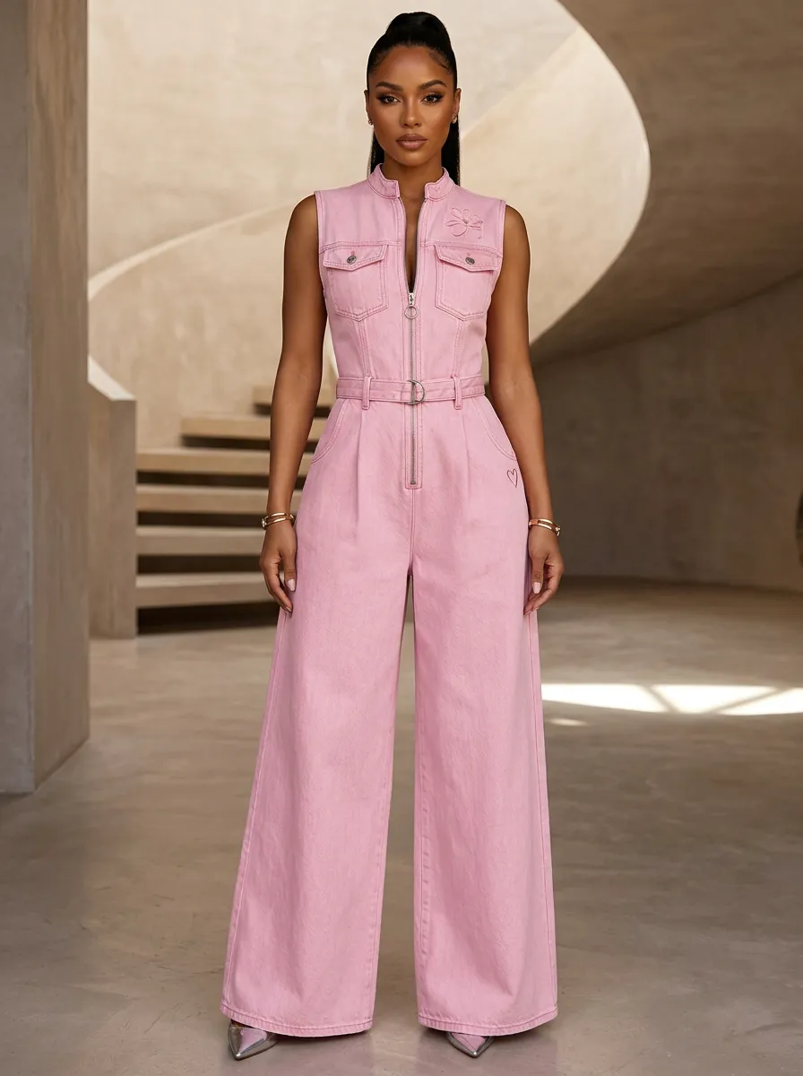 Pink Heart Floral Embroidered Sleeveless Denim Jumpsuit