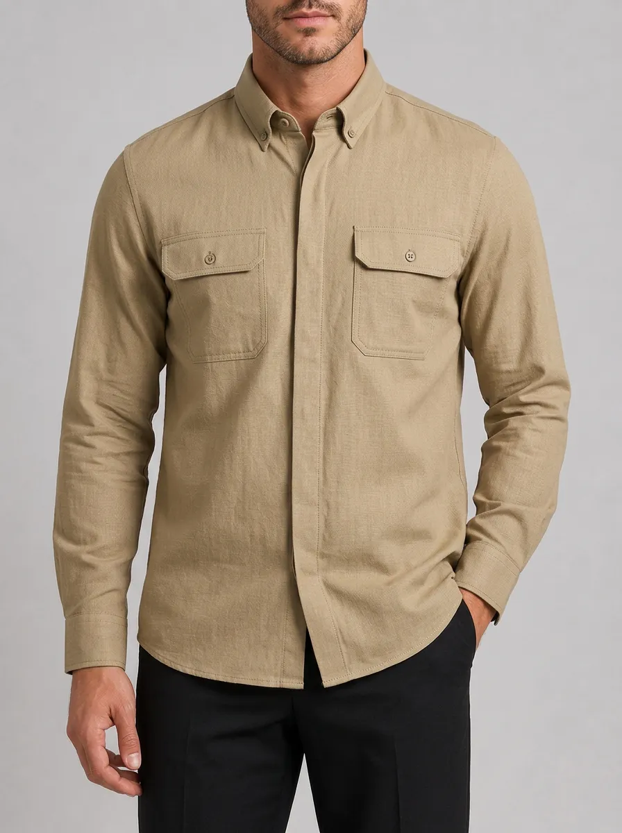 Men's Casual Khaki Button Down Long Sleeve Shirt