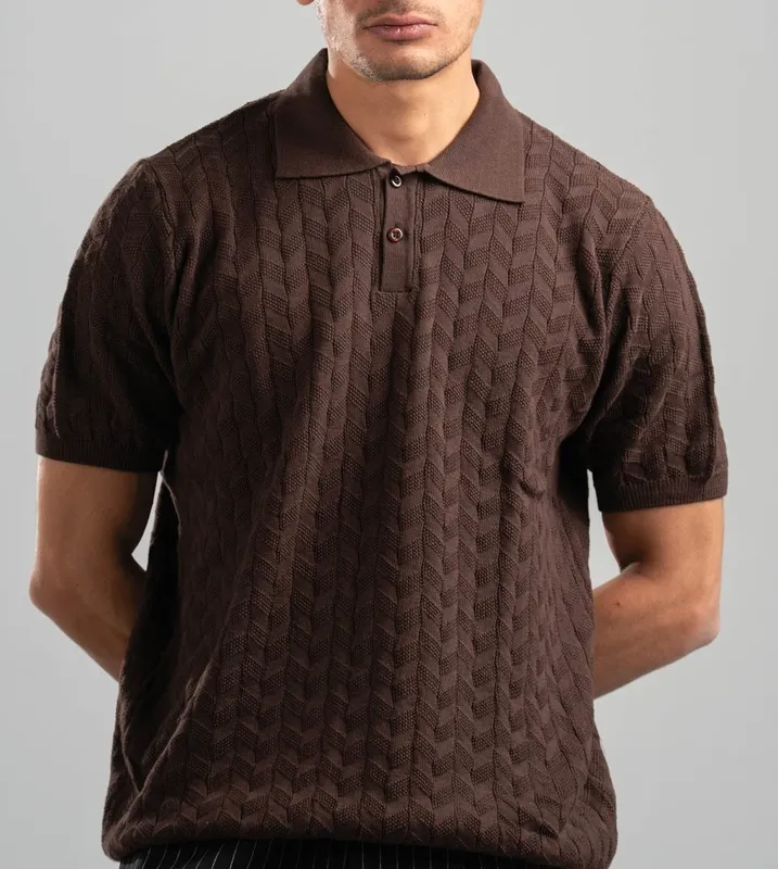 Dark Brown Textured Knit Polo Shirt