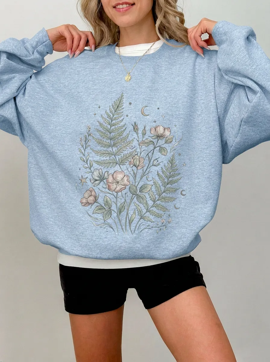Women's Botanical Nature Lover Fern Flower Moon Printed Sweatshirt