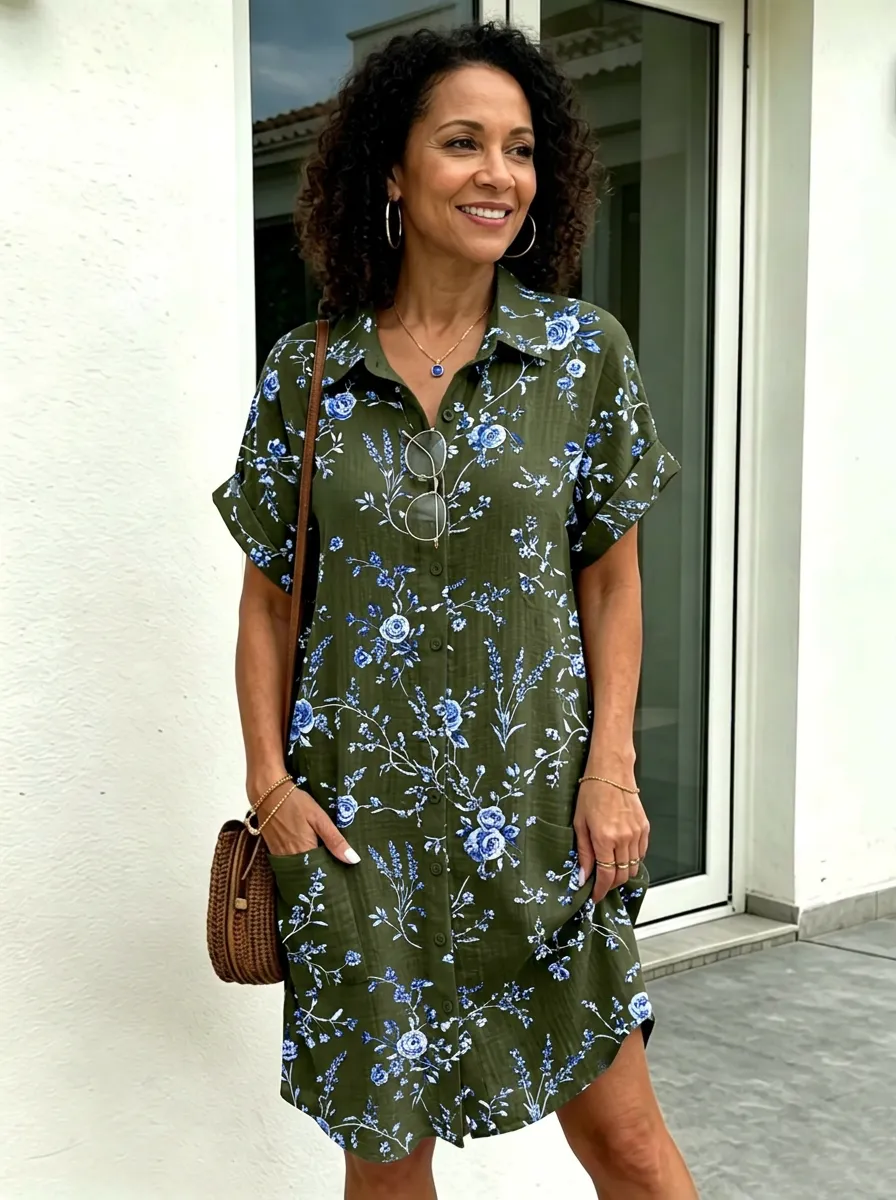 Women's Summer Vacation Blue Floral Olive Green Printed Shirt Dress