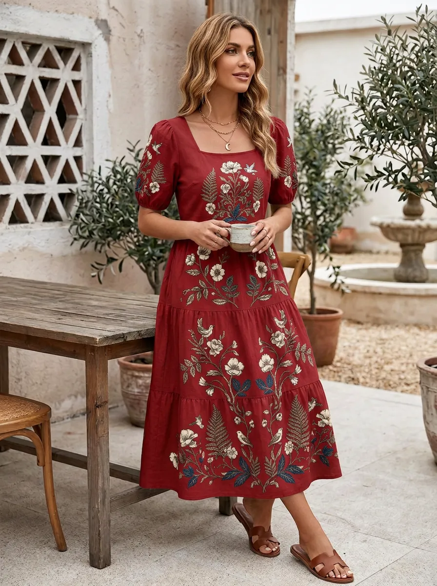 Women's Botanical Garden Floral Bird Printed Midi Dress