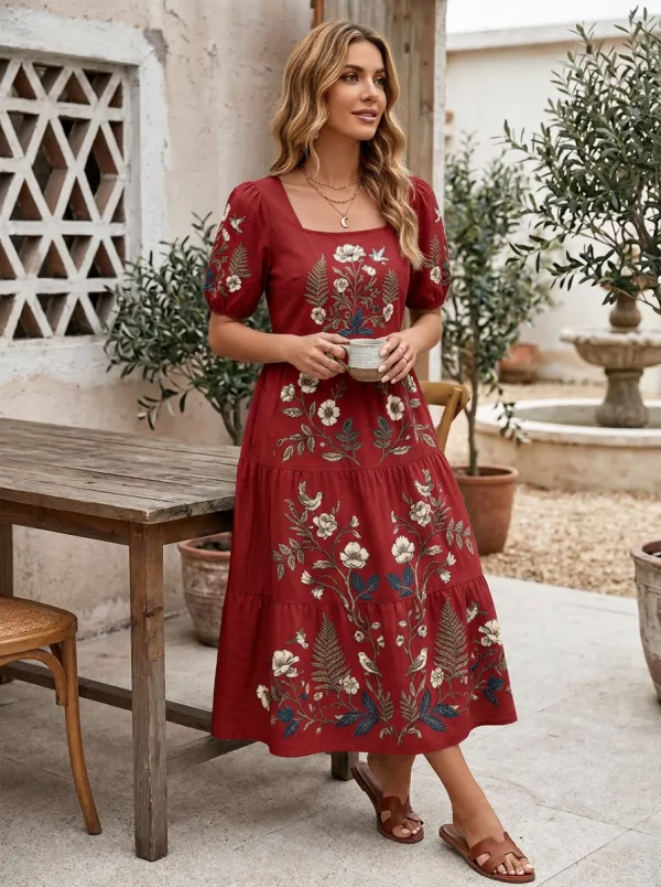 Women's Botanical Garden Floral Bird Printed Midi Dress