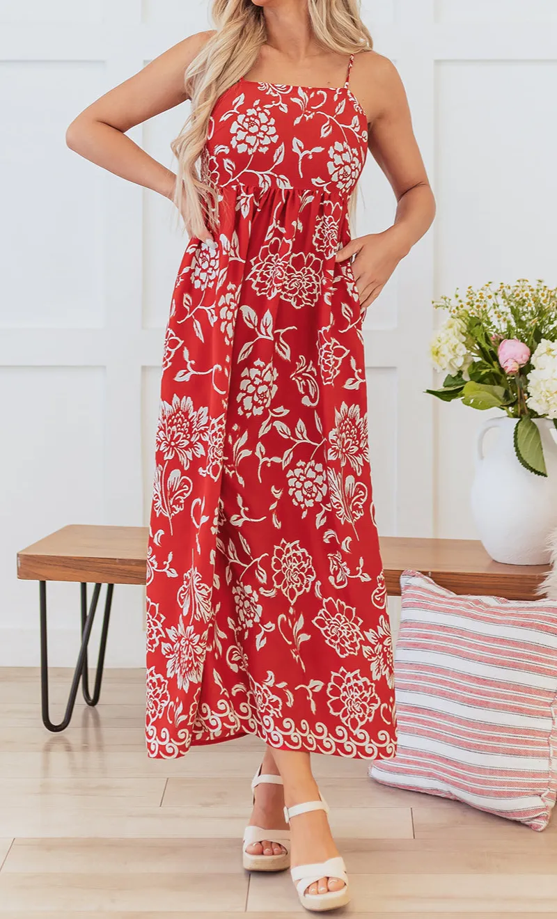 Floral Printed Spaghetti Strap Empire Waist Maxi Dress