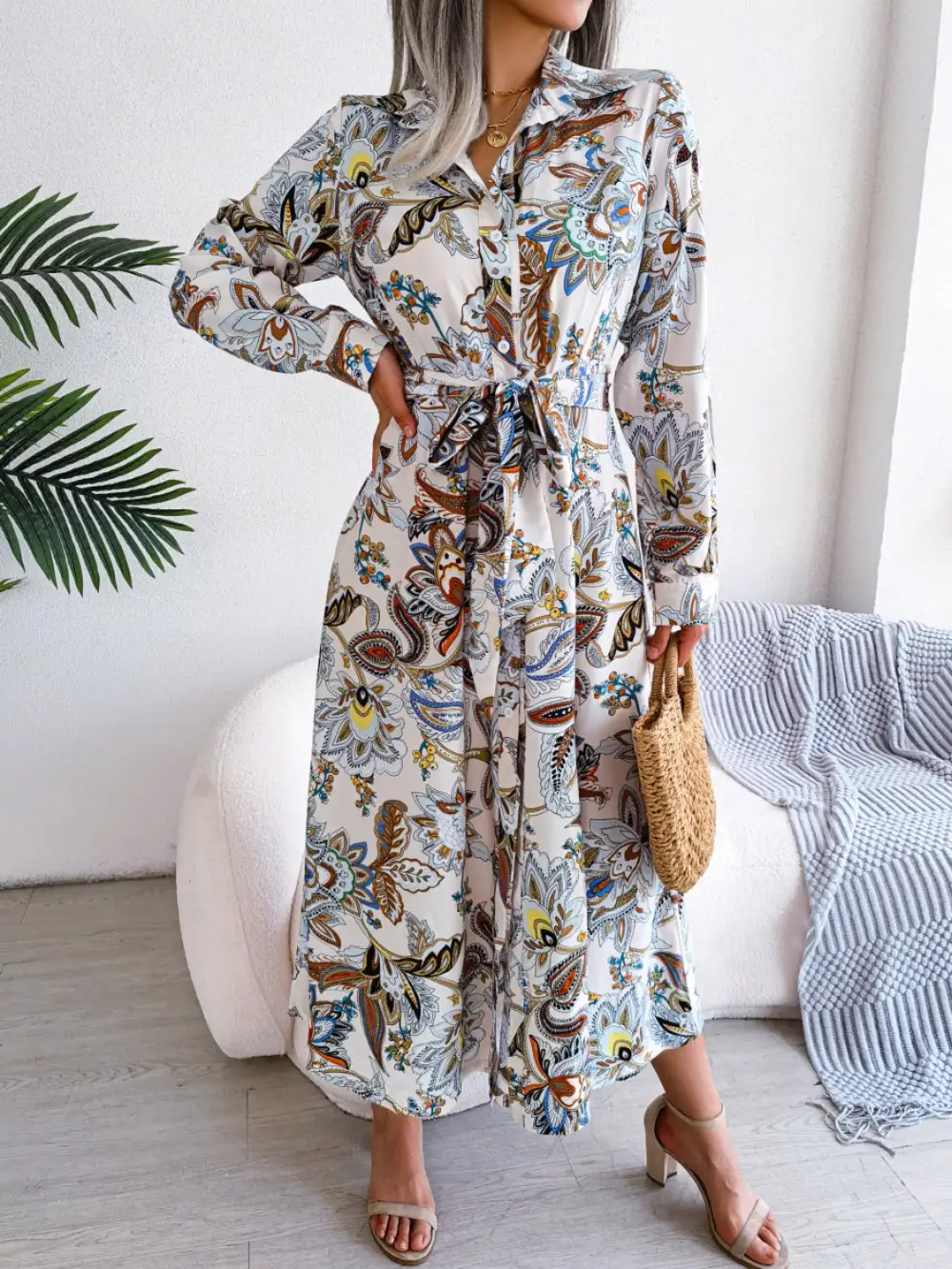 Long-Sleeve Printed Midi Dress