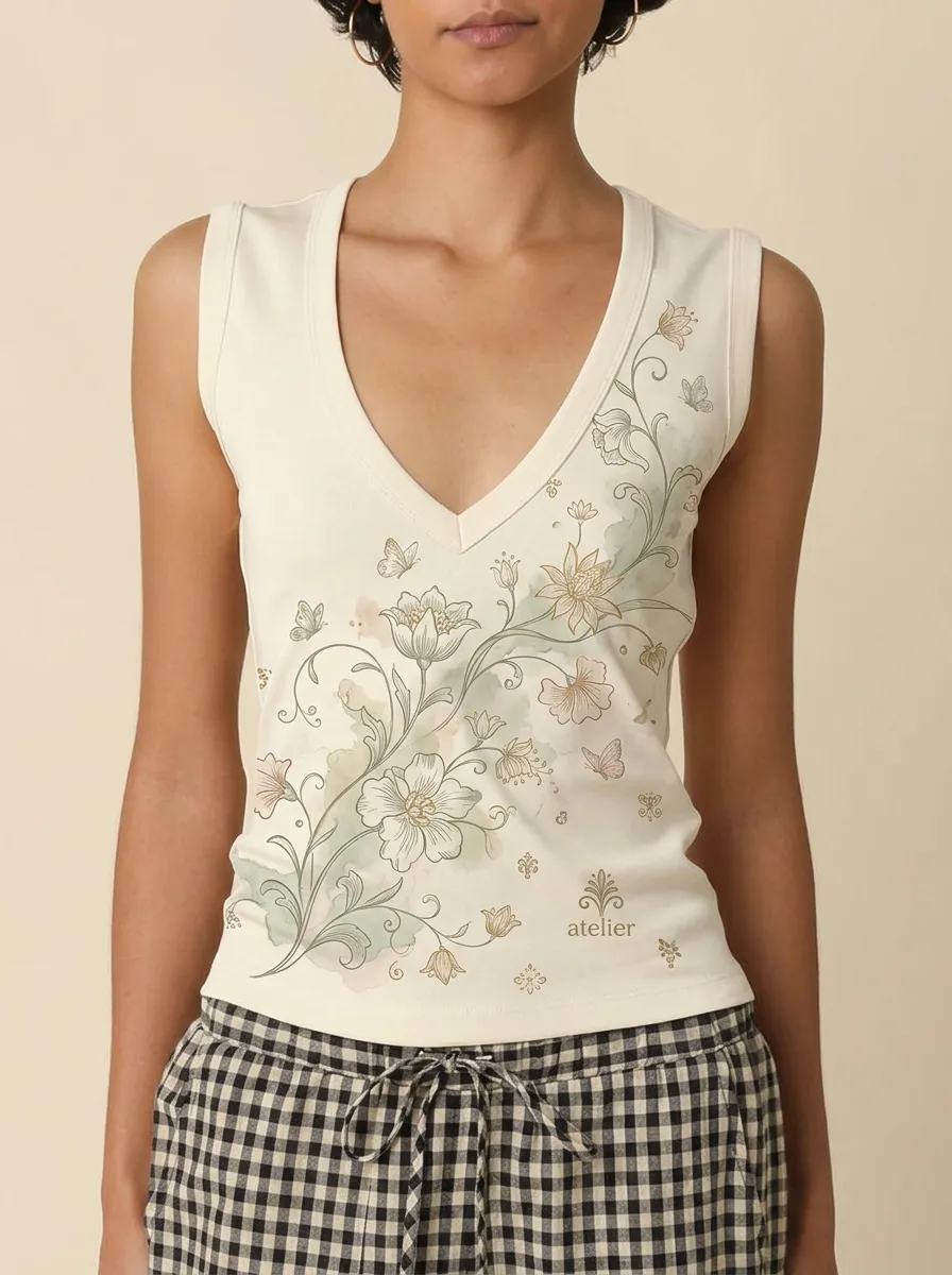 Women's Floral Butterfly Botanical Printed V-neck Tank Top