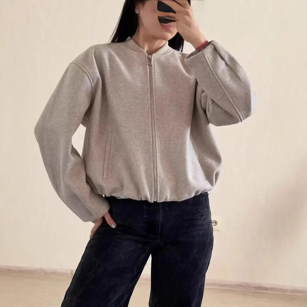 Relaxed Cropped Zip Front Bomber Jacket