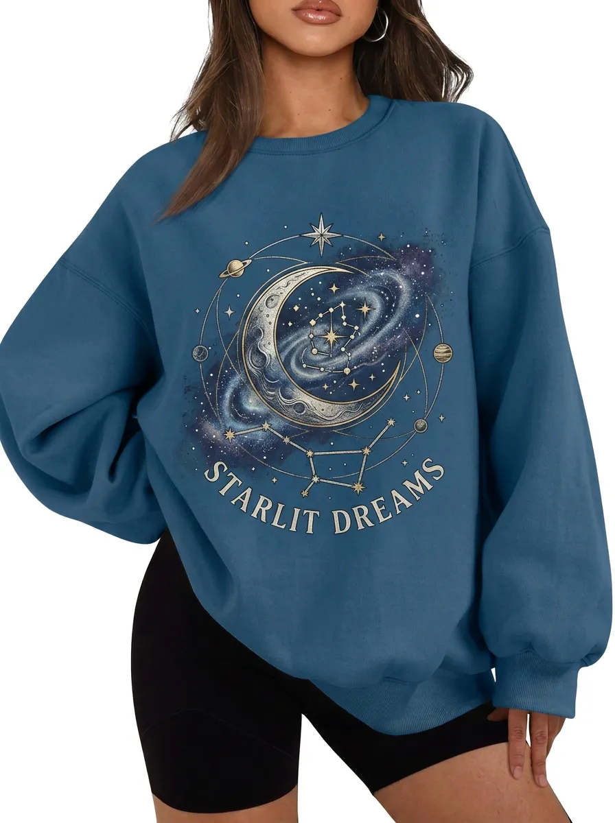 Women's Celestial Starlit Dreams Moon Galaxy Printed T-shirt