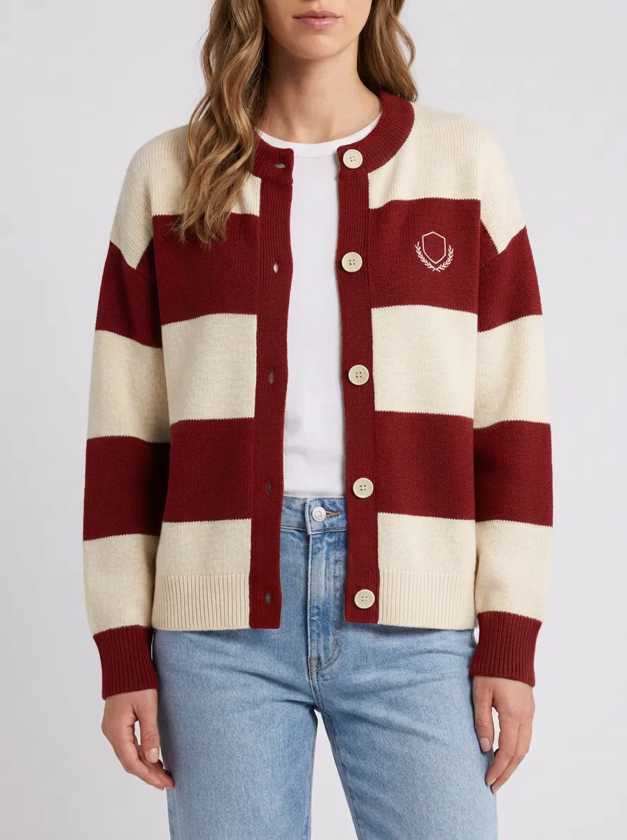 Embroidered Rugby Striped Shield Embroidered Cardigan