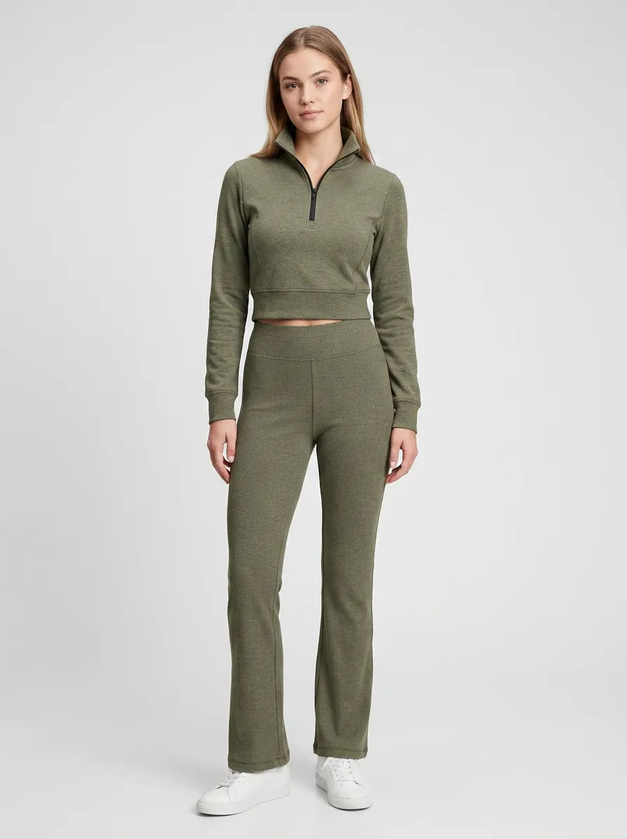 Women's Olive Green Quarter-Zip Crop Top Ribbed Leggings Set
