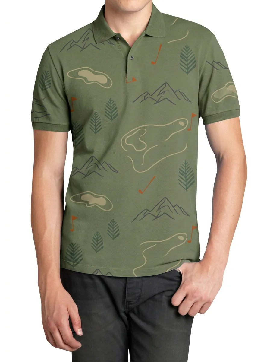 Men's Golf Lover Mountain Forest Printed Polo Shirt