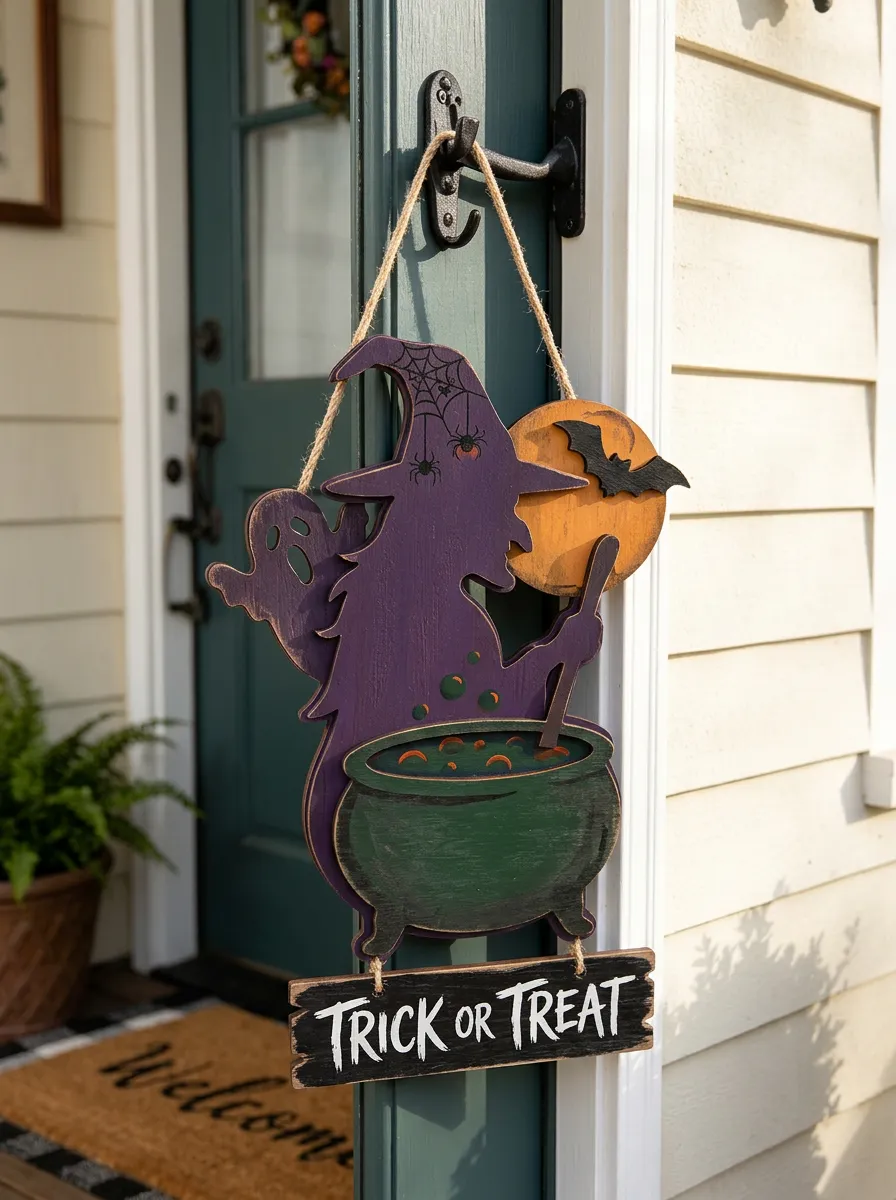 Halloween Witch Cauldron Ghost Trick or Treat Wooden Door Hanger