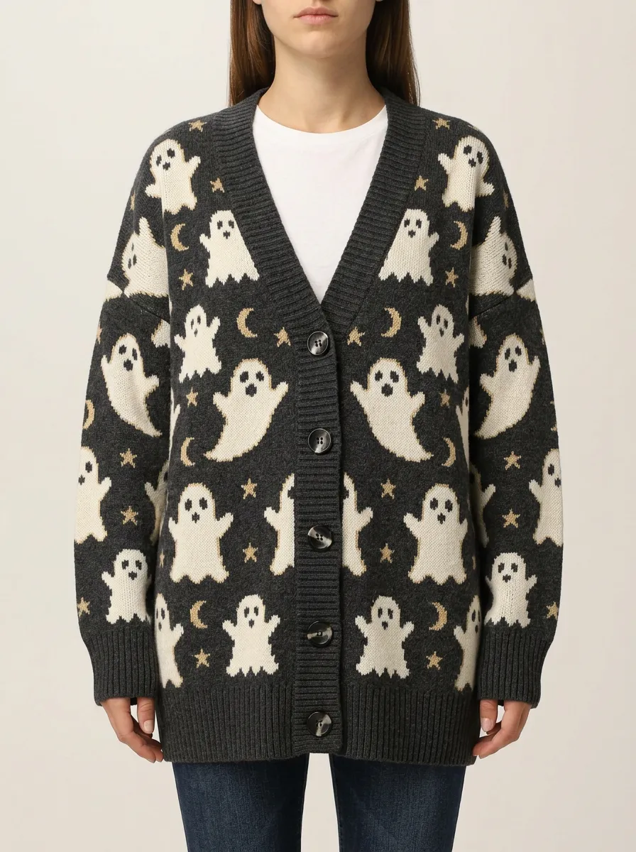 Women's Halloween Ghost Moon Star Pattern Knitted Cardigan