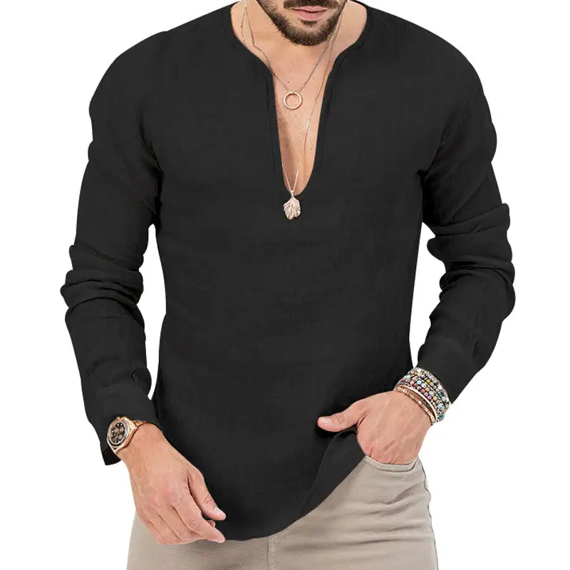Men's Relaxed Linen Tunic Shirt With Open Slit Collar And Rounded Hem