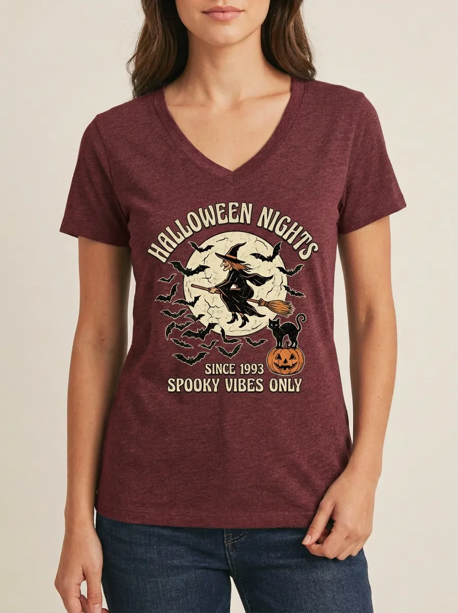 Women's Halloween Witch Moon Bat Pumpkin Printed V-neck T-shirt