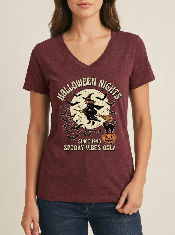 Women's Halloween Witch Moon Bat Pumpkin Printed V-neck T-shirt