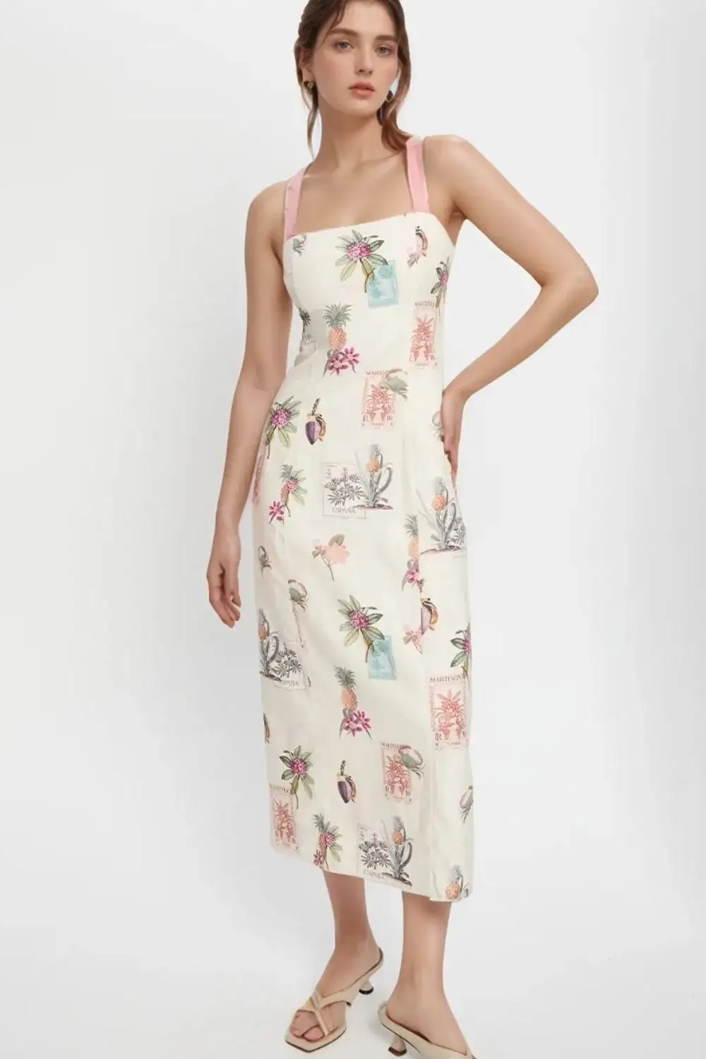 Square-Neck Linen-Blend Printed Midi Dress
