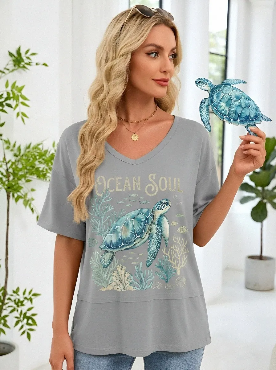 Women's Ocean Soul Sea Turtle Coral Reef Printed V-neck T-shirt