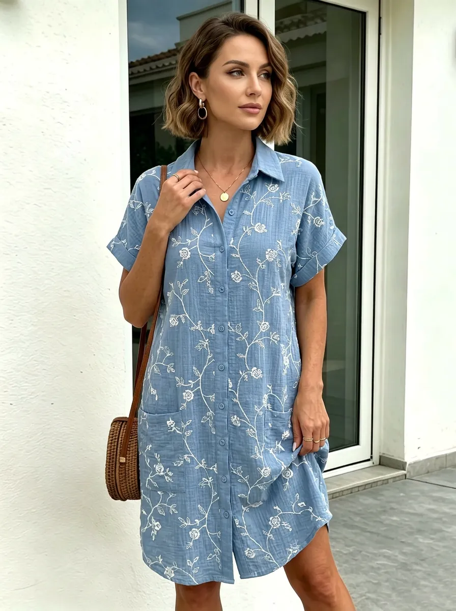 Women's Summer Vacation Floral Vine Printed Shirt Dress