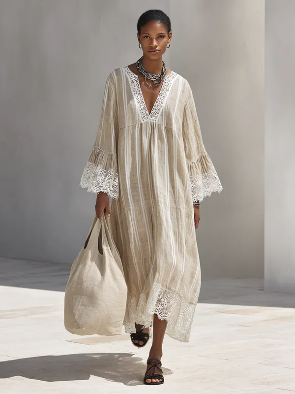 Lace Trim Stripe Maxi Dress