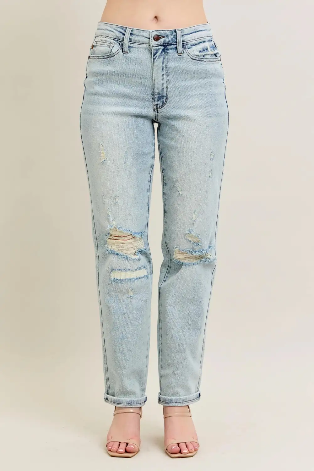 Full Size  Stitch Detail Destroy Single Cuff Bf Jeans Plus Size