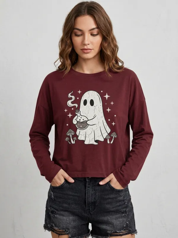 Women's Halloween Ghost Potion Mushroom Printed Long Sleeve T-shirt