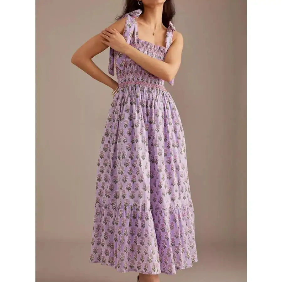 Smocked Tie-Shoulder Midi Dress