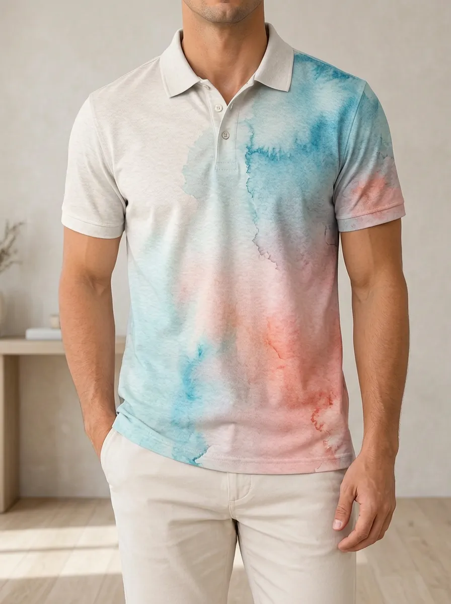 Men's Blue Pink Watercolor Abstract Printed Polo Shirt