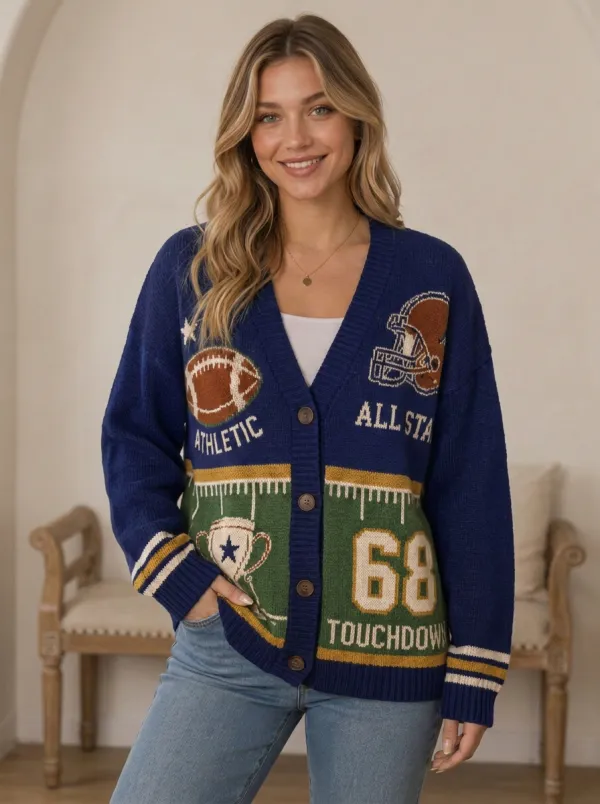 Women's Classic Football Ball Star Knitted Cardigan