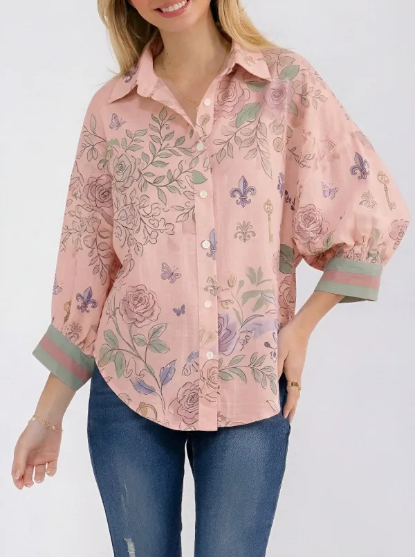 Women's Floral Rose Butterfly Fleur-de-lis Printed Button-down Shirt