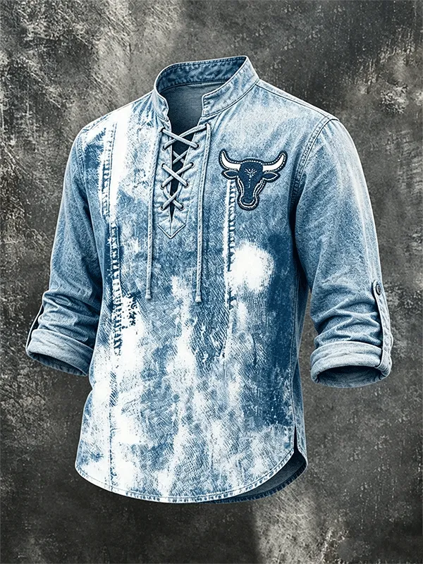 Men'S Imitation Denim Fabric Cow Head Embroidery Printed Shirt