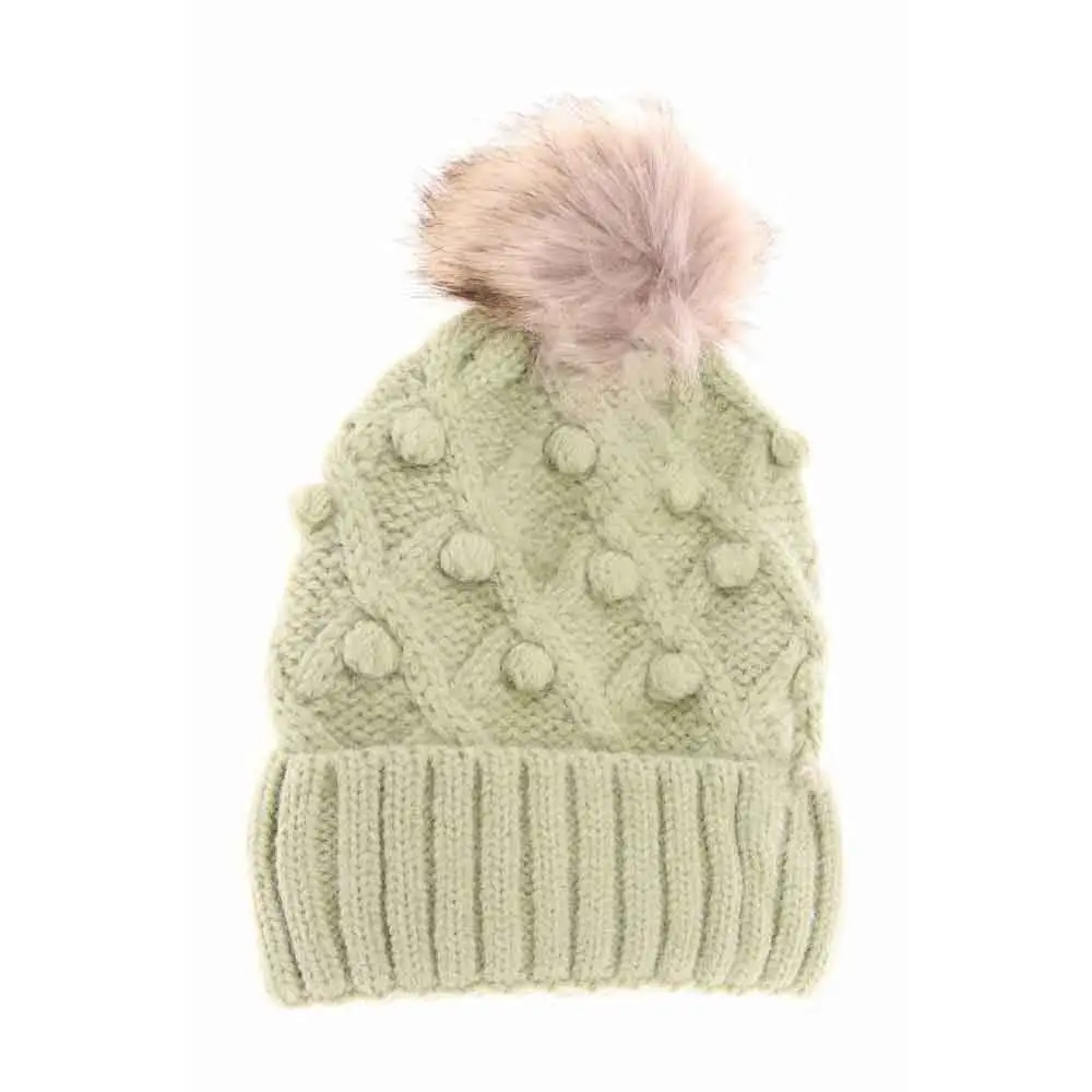 Bobble Knit Faux Fur Pom Beanie