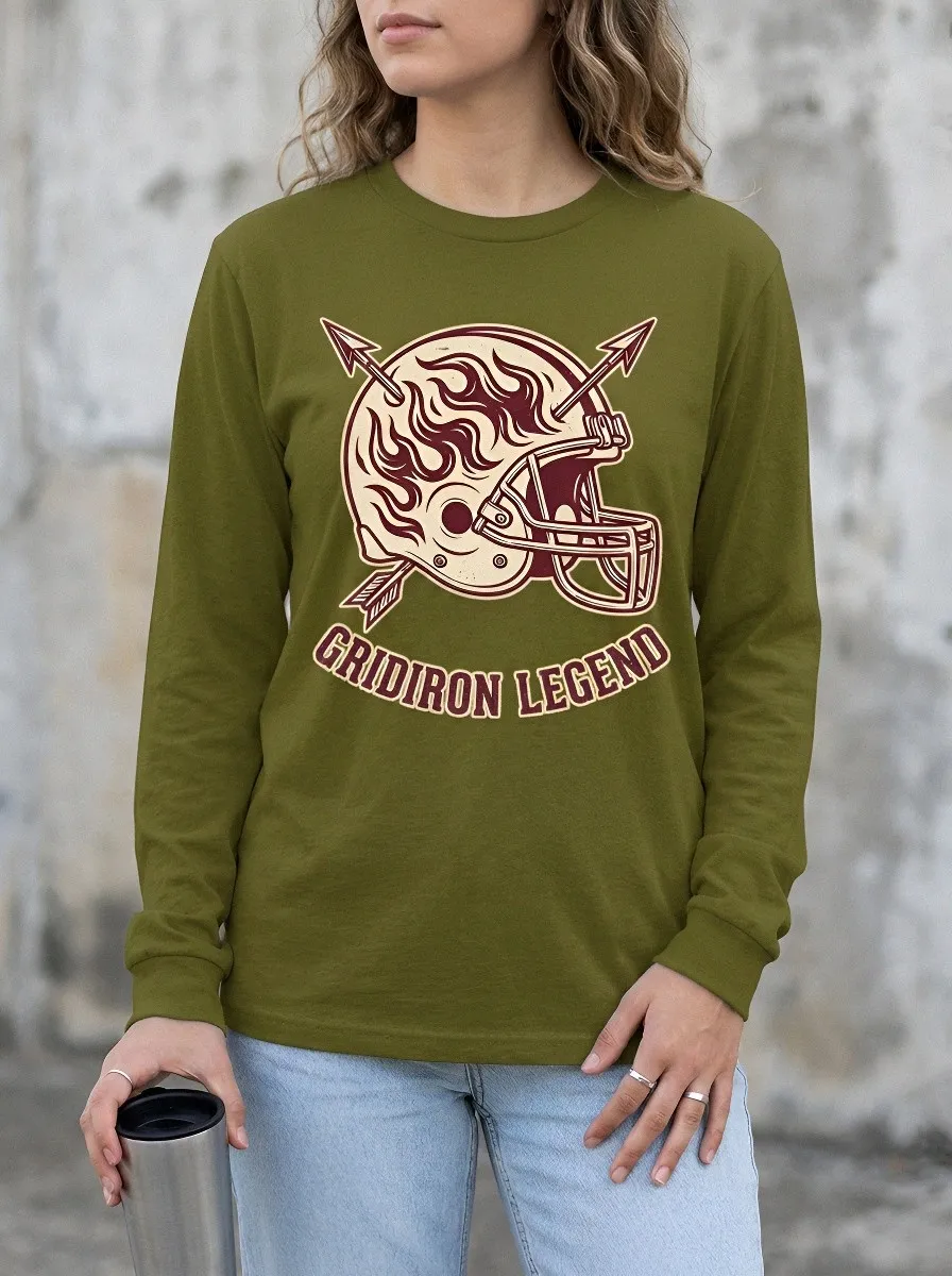 Women's Football Fan Gridiron Legend Flaming Helmet Graphic Long Sleeve Shirt